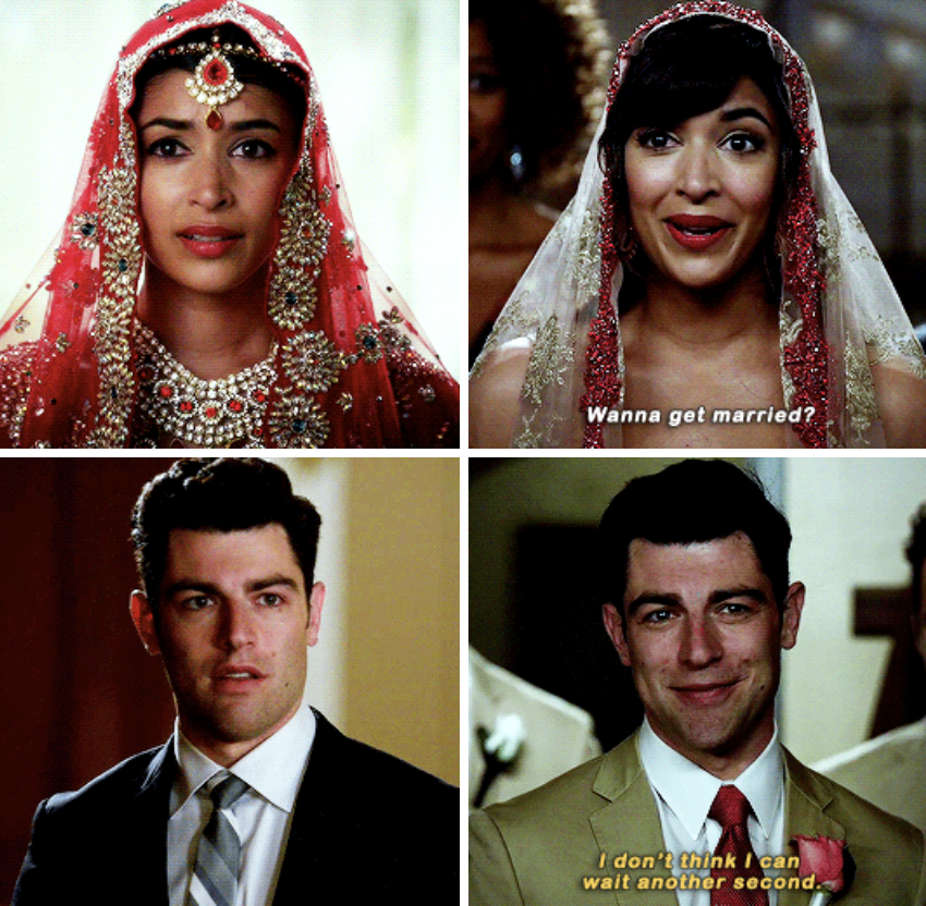 Schmidt looking at Cece on her wedding day earlier in the series; Cece asking Schmidt if he wants to get married later in the series, and him responding with: "I don't think I can wait another second"