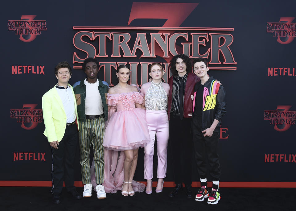 Gaten Matarazzo, Caleb McLaughlin, Millie Bobby Brown, Sadie Sink, Finn Wolfhard and Noah Schnapp arrive at the season three premiere of 