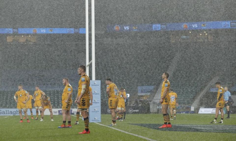 Wasps players are left bereft in the rain after the late penalty from Exeter’s Joe Simmonds that was the last act of the game