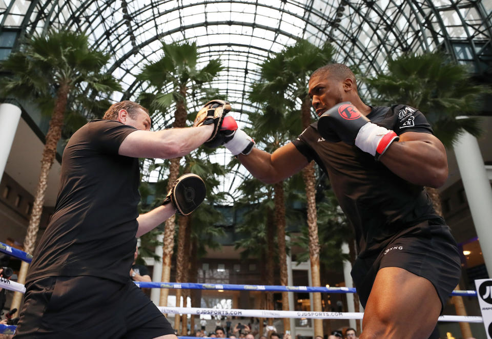 NEW YORK, NEW YORK - MAY 28:  Anthony Joshua trains for the defense of his IBF/WBA/WBO heavyweight title against Andy Ruiz Jr. at Brookfield Place on May 28, 2019 in New York City. (Photo by Al Bello/Getty Images)