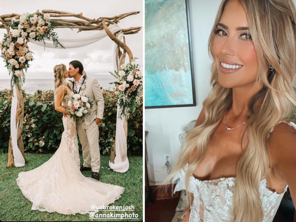 A side-by-side of Christina and Josh Hall kissing at their wedding altar and a selfie of Christina Hall in her wedding dress.