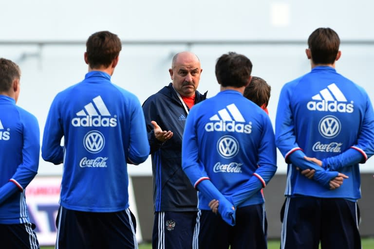 After a disastrous Euro 2016, Russia coach Stanislav Cherchesov (C) set out to radically overhaul the squad, shipping out an array of players past their prime