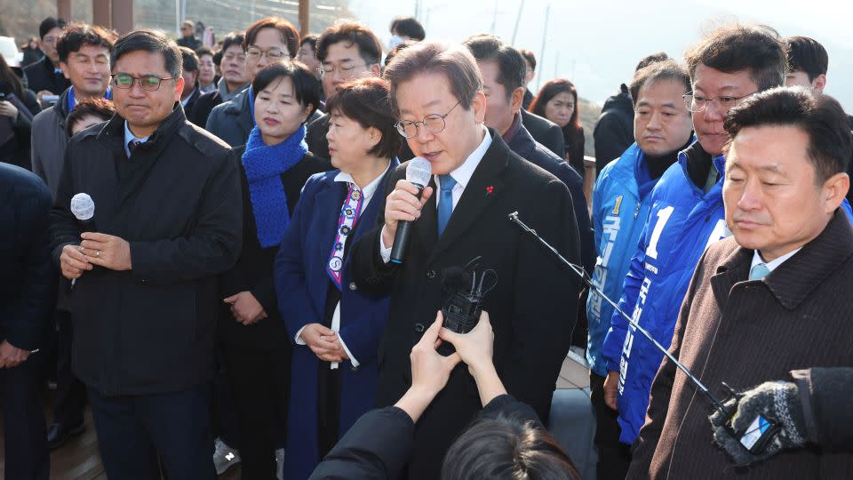South Korea's opposition party leader Lee Jae-myung speaks during his visit to Busan, South Korea, January 2, 2024. - Yonhap/Reuters