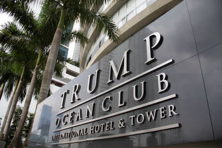 A sign of the Trump Ocean Club International Hotel and Tower Panama is seen in Panama City, Panama October 11, 2017. Picture taken October 11, 2017. REUTERS/Carlos Lemos