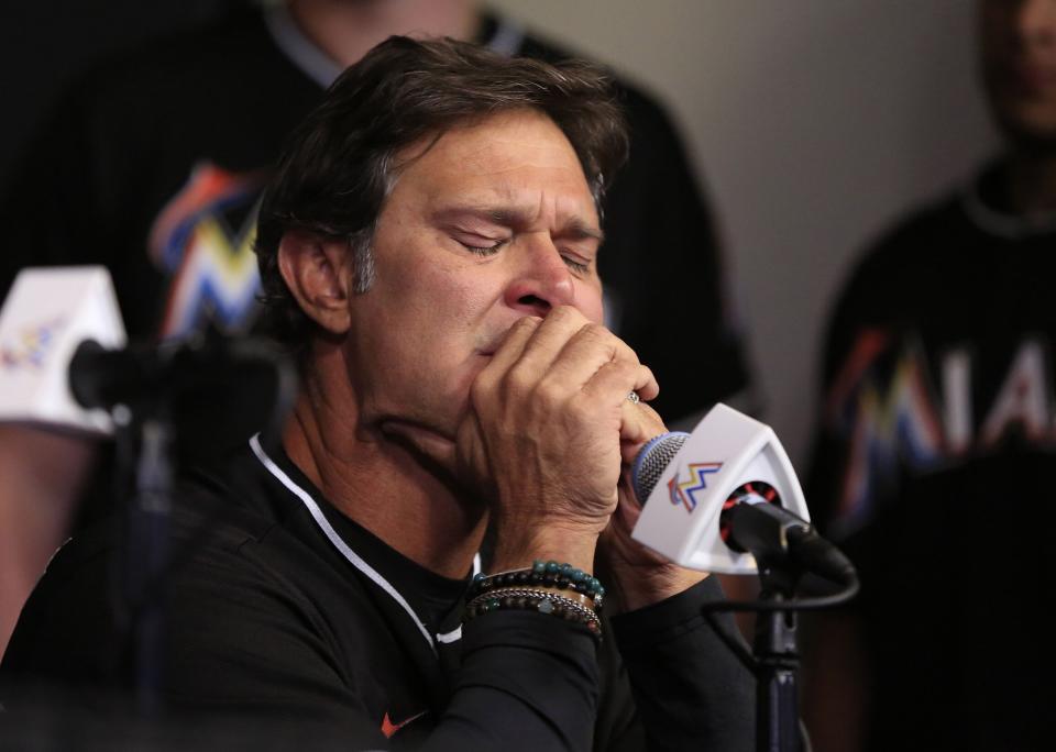 <p>Miami Marlins manager Don Mattingly reacts at a press conference announcing the death of starting pitcher Jose Fernandez in a boating accident. The game between the Atlanta Braves and Marlins was cancelled at Marlins Park. Mandatory Credit: Robert Mayer-USA TODAY Sports </p>