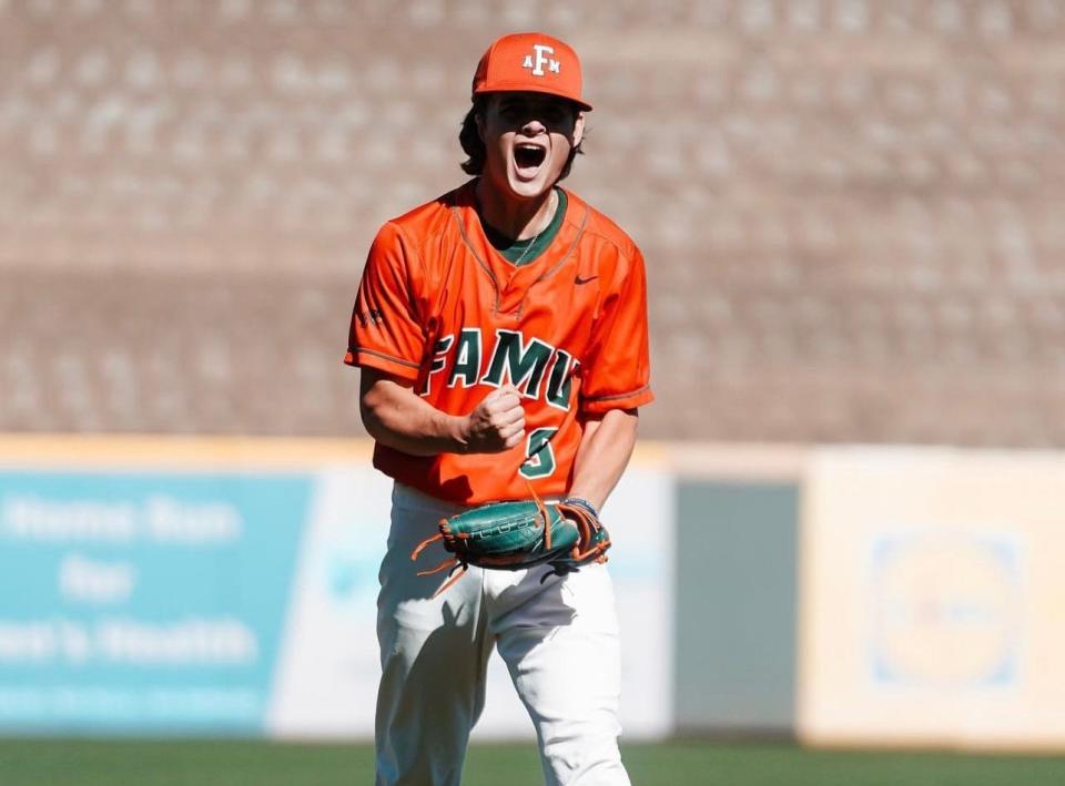 Florida A&M pitcher Caleb Granger celebrates a strikeout against the Grambling State Tigers in the Ralph Garr-Bill Lucas HBCU Baseball Classic on Coolray Field in Lawrenceville, Georgia, Saturday, March 4, 2023.