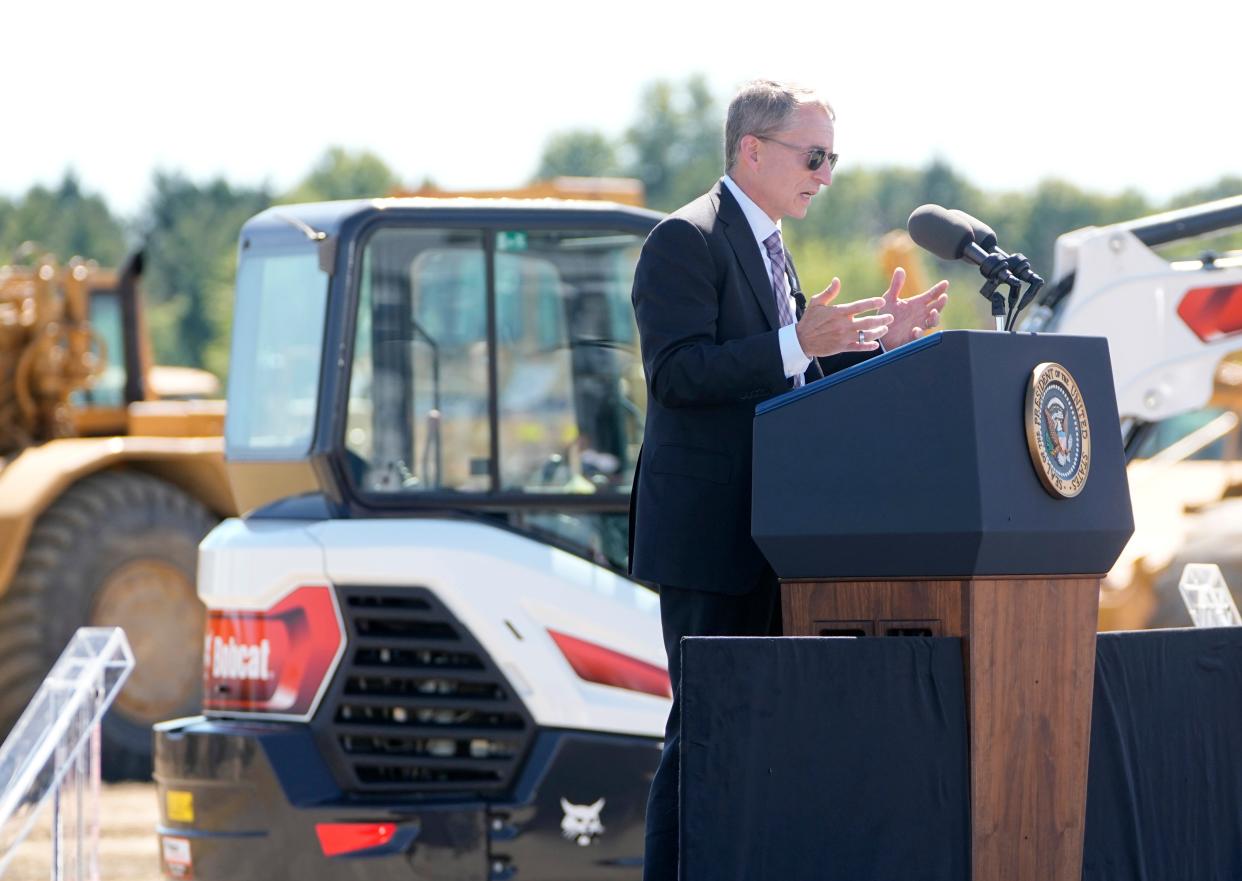 Intel CEO Pat Gelsinger speaks during the September groundbreaking ceremony for Intel's $20 billion microchip manufacturing project in New Albany.