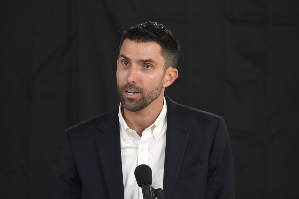 David Hondula, Ph.D., Director of Heat Response and Mitigation with the City of Phoenix, speaks during a news conference held by the Arizona Department of Health Services and Governor's Office of Resiliency ahead of Heat Awareness Week at the Escalante Multi-Generational Center Friday, May 3, 2024, in Tempe, Ariz. (AP Photo/Ross D. Franklin)