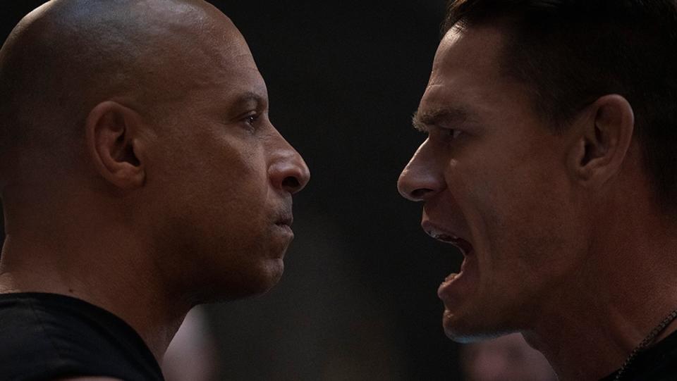 Vin Diesel and John Cena stare at each other from up close in F9