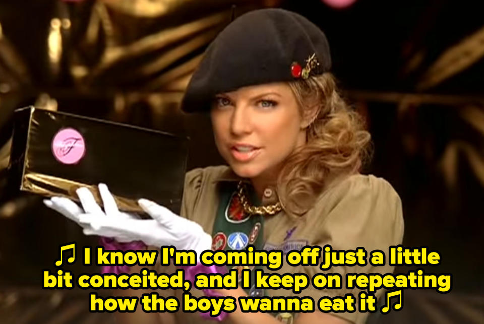 Fergie singing: "I know I'm coming off just a little bit conceited, and I keep on repeating how the boys wanna eat it"