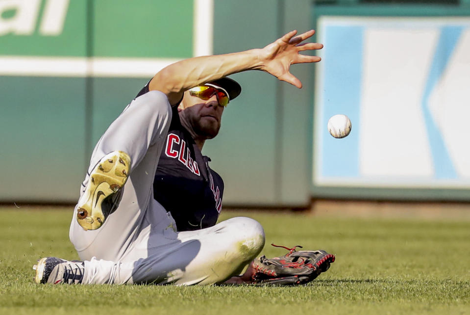 Cleveland Indians center fielder Bradley Zimmer allows two runs when he can't get to a ball in shallow right field in the sixth inning of a baseball game against the Cleveland Indians at Nationals Park, Sunday, Sept. 29, 2019, in Washington. (AP Photo/Andrew Harnik)