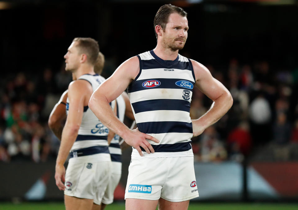 Seen here, Geelong Cats superstar Patrick Dangerfield looks on during an AFL game.