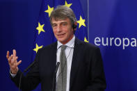 European Parliament President David Sassoli talks during a news conference following the recovery financial plan deal at the EU leaders summit, at the European Parliament in Brussels, Wednesday, July 22, 2020. After four days and nights of wrangling, exhausted European Union leaders finally clinched a deal on an unprecedented 1.8 trillion-euro (dollars 2.1 trillion) budget and coronavirus recovery fund early Tuesday, after one of their longest summits ever. (Francois Lenoir, Pool Photo via AP)