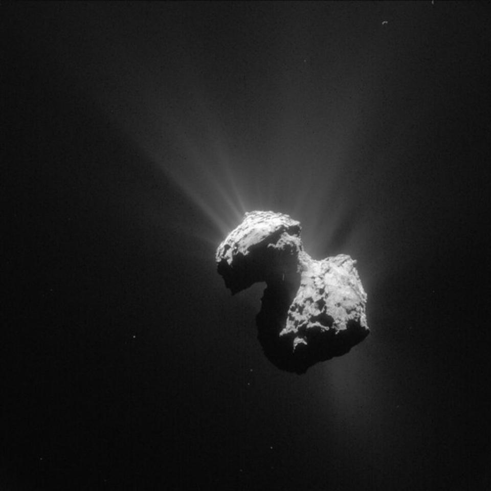 Comet 67P/Churyumov-Gerasimenko, photographed by the European Space Agency's Rosetta spacecraft. <cite>ESA/Rosetta/NAVCAM</cite>