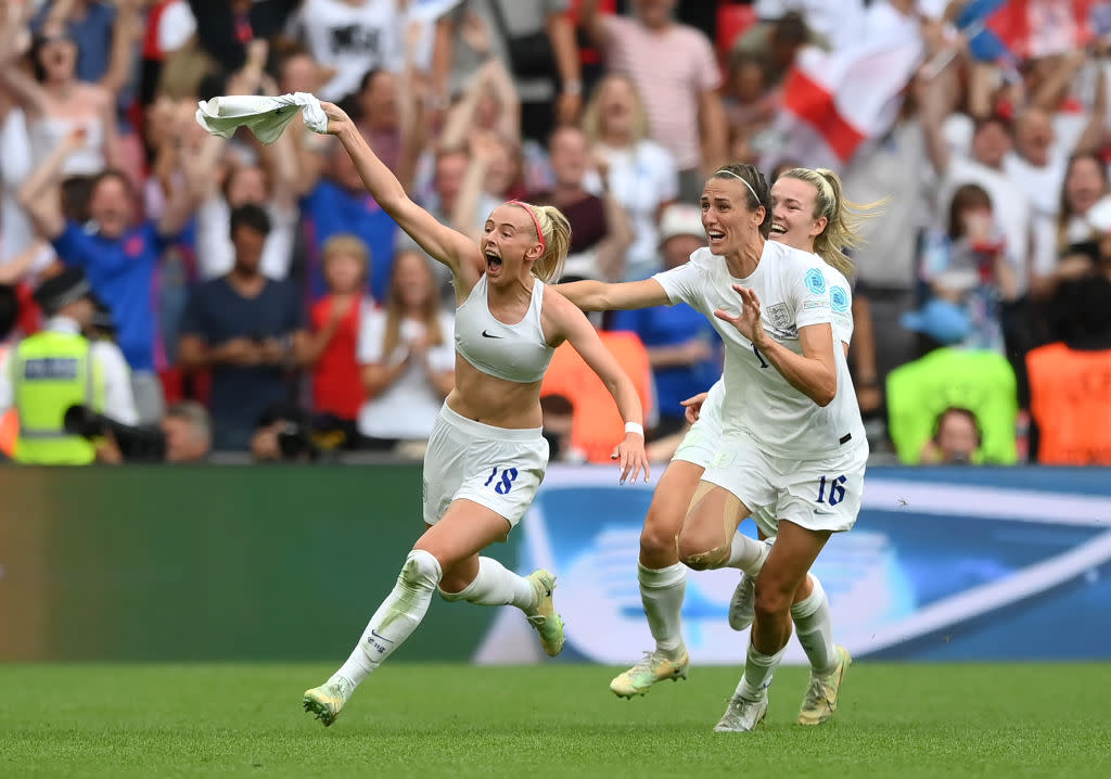 Chloe Kelly celebrates her winning goal last night. (Getty Images)