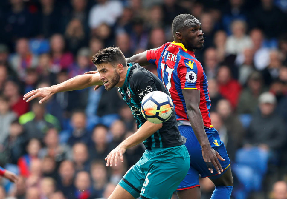 <p>Christian Benteke in action with Southampton’s Wesley Hoedt REUTERS/David Klein </p>