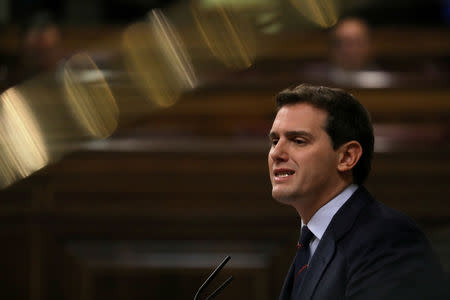 FILE PHOTO: Ciudadanos leader Albert Rivera speaks speaks during a session at Parliament in Madrid, Spain, December 12, 2018. REUTERS/Susana Vera/File Photo