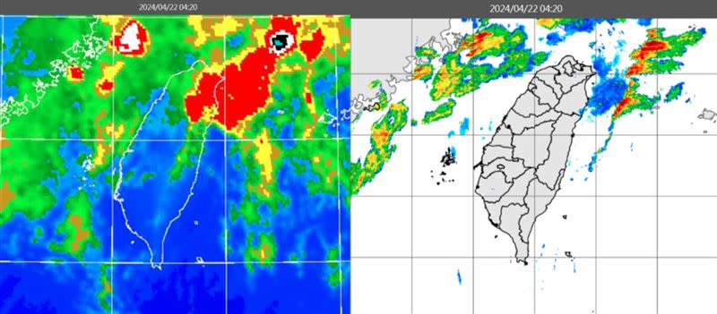 圖：今(22日)晨4：20紅外線色調強化雲圖顯示，台灣中部以北上空有鬆散雲層(左圖)；4：20雷達回波合成圖顯示，降水回波在東、西兩側海上(右圖)。