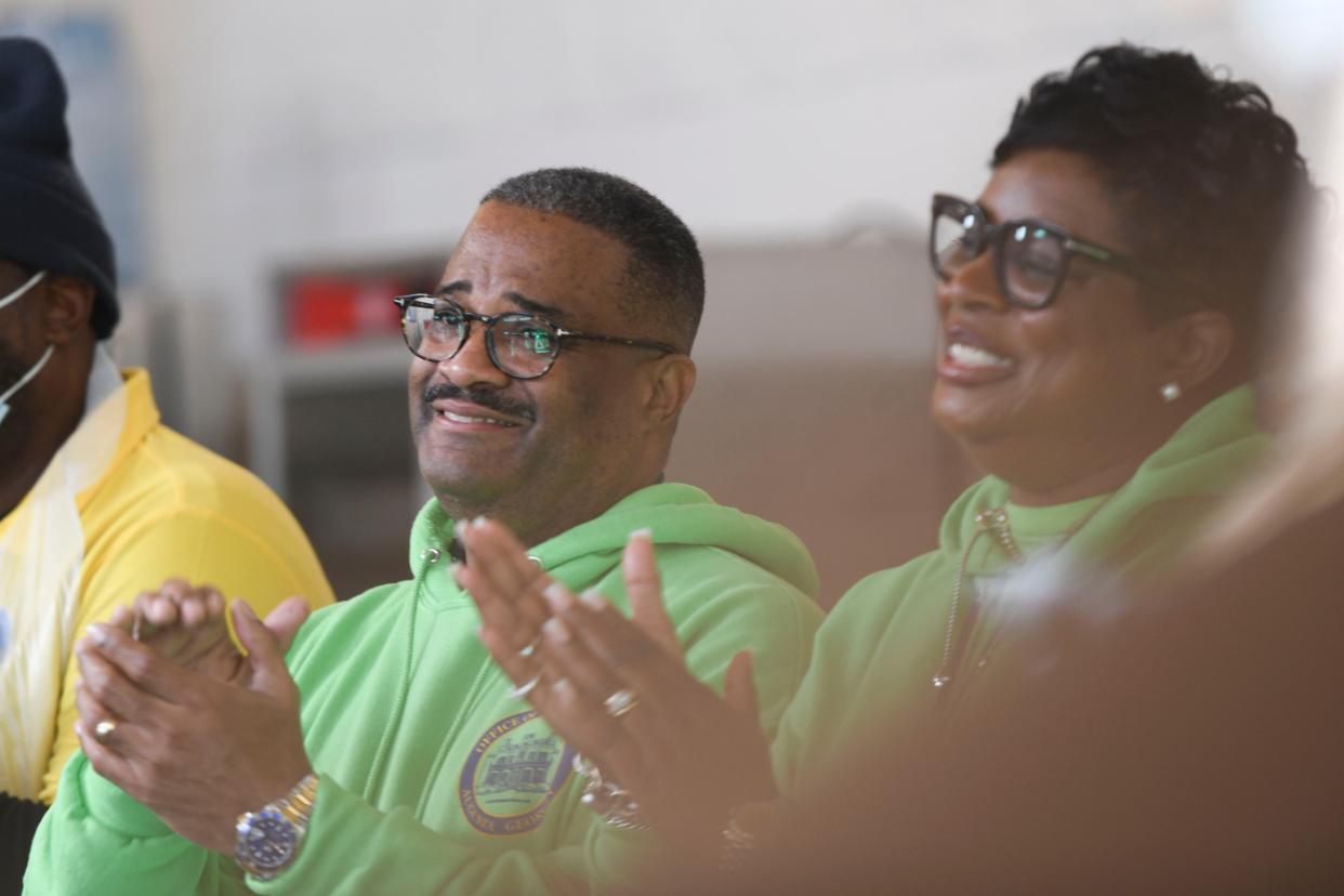 Mayor Garnett Johnson and wife Toni Seals-Johnson clap during the second annual MLK Day of Service at The Master's Table on Monday, Jan. 15, 2024. Golden Harvest Food Bank prepared to serve about 300 lunches, in addition to medical screenings by Augusta University students, and showers through Project Refresh.