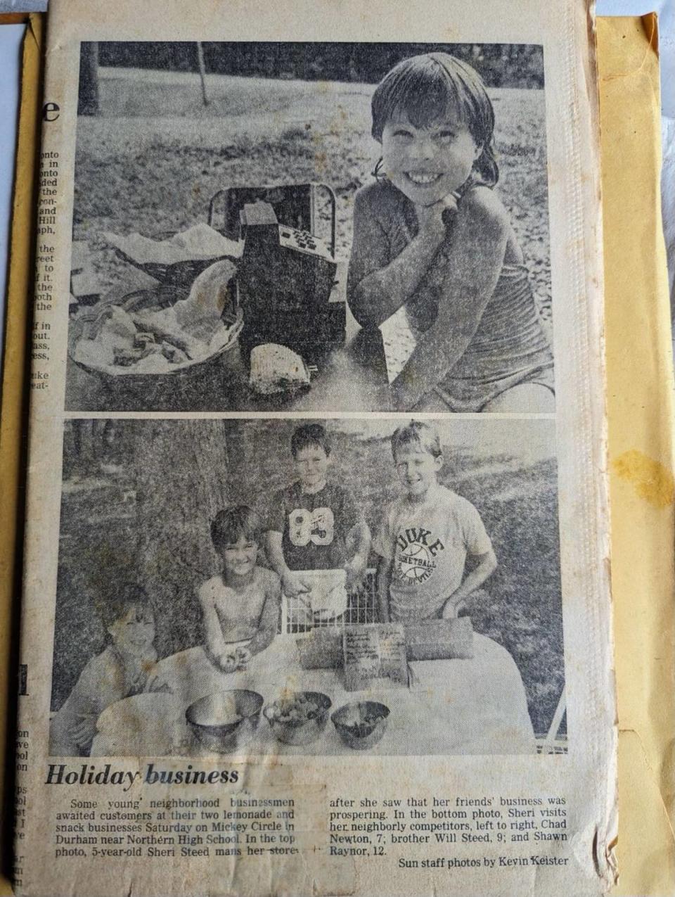 A newspaper clipping from the July 4, 1983 edition of The Durham Sun shows 5-year-old Sheri “Sharyn” Steed with her lemonade and snack business. The photo was taken by current N&O video producer Kevin Keister working in his first month as a photojournalist for the Bull City’s morning and afternoon papers. Forty years to the date this was published, the now 45-year-old Sharyn Horewitch received approval of her first patent.