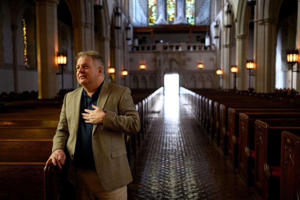 The Rev. Jonathon Jensen of Calvary Episcopal Church, who opened his church to members of the Tree of Life synagogue after the 2018 shooting, stands in the church on Thursday, Oct. 26, 2023, in Pittsburgh's Shadyside neighborhood.