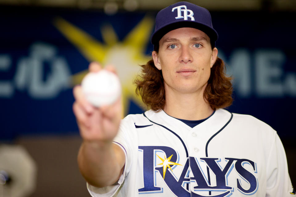 PORT CHARLOTTE, FL - MARCH 17: Tyler Glasnow #20 of the Tampa Bay Rays poses for a photo during the Tampa Bay Rays Photo Day at Charlotte Sports Park on Thursday, March 17, 2022 in Port Charlotte, Florida. (Photo by Mary Holt/MLB Photos via Getty Images)