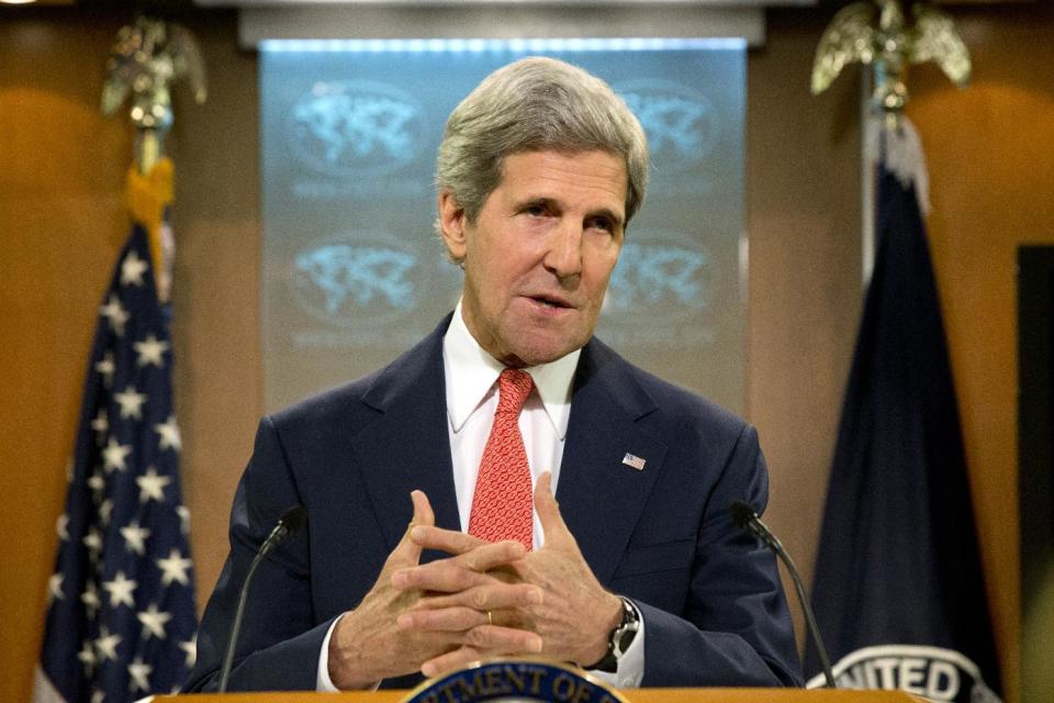 Secretary of State John Kerry speaks about the situation with Ukraine and Russia from the State Department in Washington, Thursday, April 24, 2014. Kerry is accusing Russia of failing to live up to commitments it made to ease the crisis in Ukraine. (AP Photo/Jacquelyn Martin)