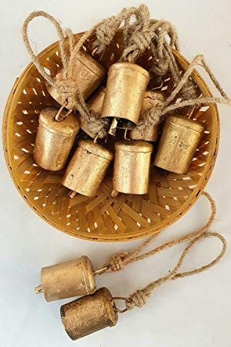 Carfar Handicrafts Set of 10 Vintage Rustic Tin Bells Wall Hanging Décor 6cm Big Bells On Jute Rope Cylinder Shape