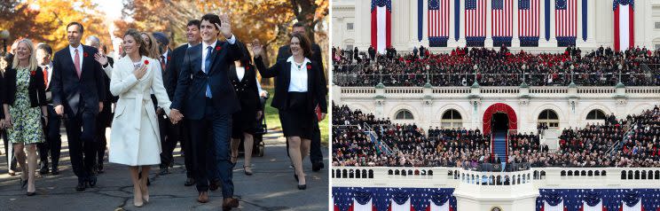 On the left, Prime Minister Justin Trudeau and his cabinet picks walk to Rideau Hall to be sworn in. On the right, U.S. President Barack Obama takes the oath of office in 2013. Photos from The Canadian Press and Getty Images