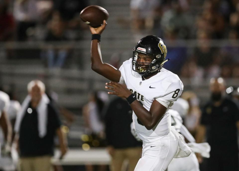 The Golden Gate Titans compete agains the Gulf Coast Sharks in a game at Gulf Coast High School in Naples on Friday, Sept. 22, 2023. The Titans defeated the Sharks 35-7.