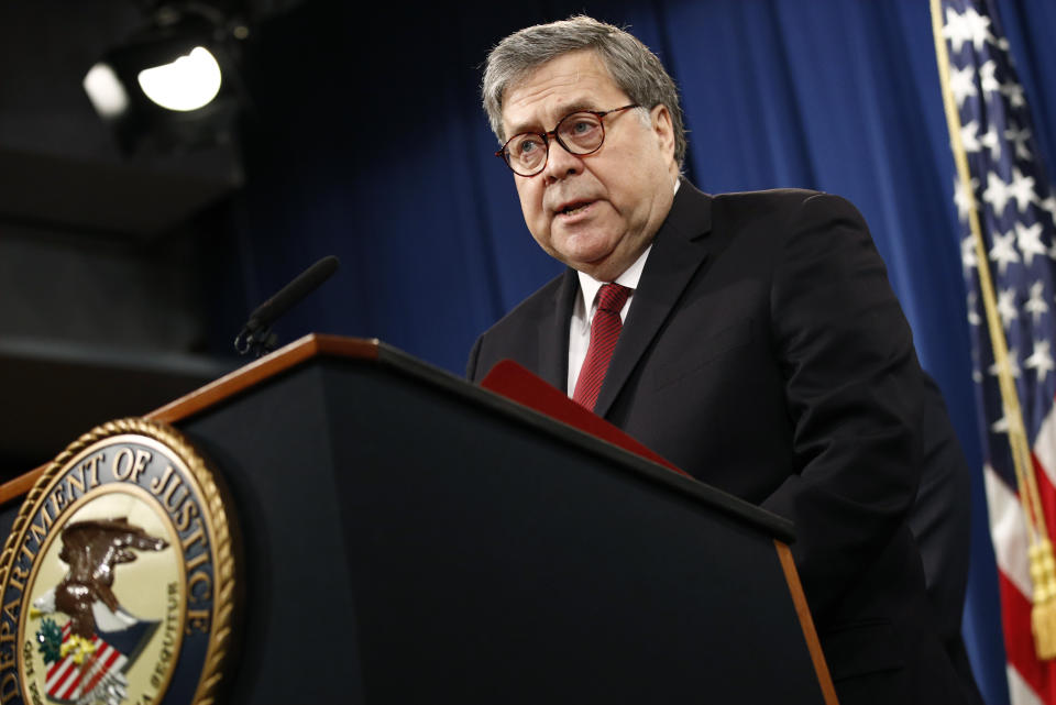 Attorney General William Barr speaks about the release of a redacted version of special counsel Robert Mueller's report during a news conference, Thursday, April 18, 2019, at the Department of Justice in Washington. | Patrick Semansky—AP