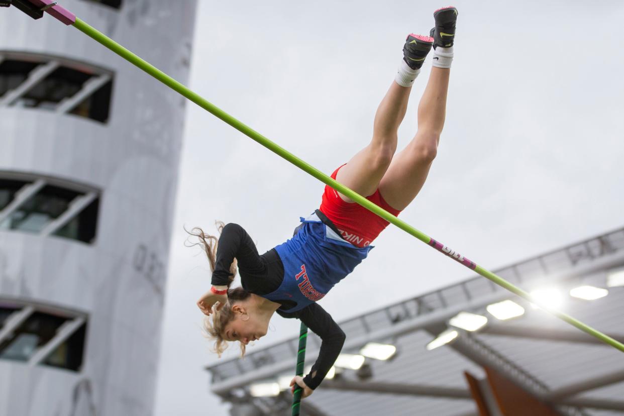 Addison Kleinke clears the bar vaulting for Churchill in the pole vault on day two of the Oregon Relays Saturday, April 20, 2024, at Hayward Field in Eugene, Ore.