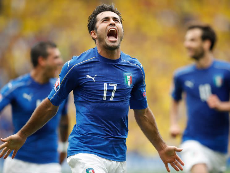 Italy's Eder celebrates after scoring the opening goal during the Euro 2016 Group E soccer match between Italy and Sweden in France. (Photo: Andrew Medichini/Associated Press)