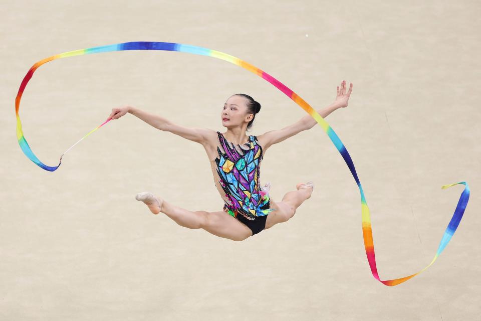 China's Liu Xinrui competes with the ribbon during the all round rhythmic gymnastics at the National Rhythmic Gymnastics Championship in Hangzhou, China.