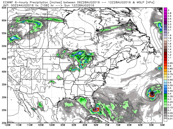 European computer model showing a tropical storm or hurricane striking Florida on Sunday.