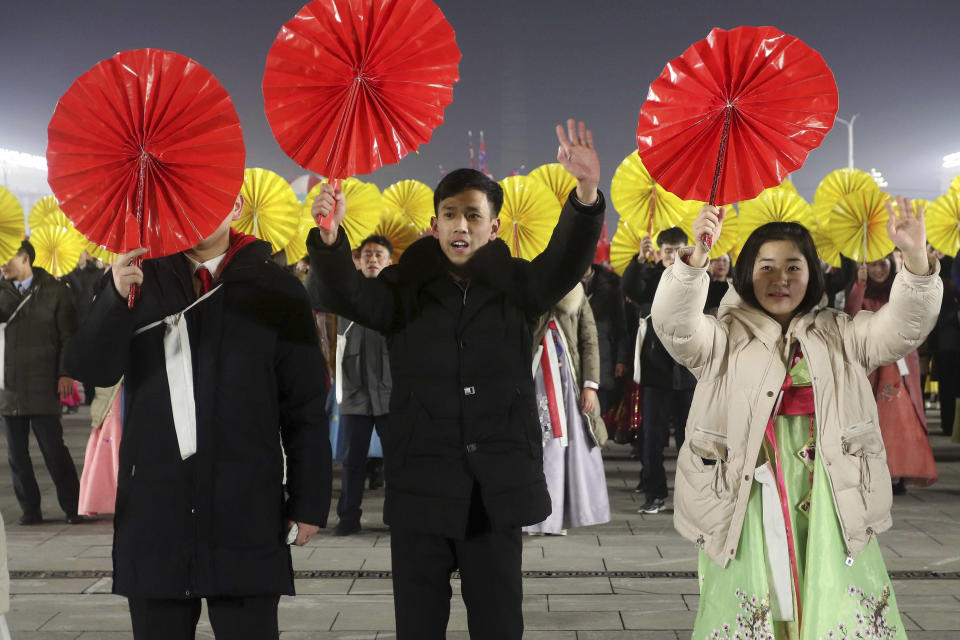 People attend the New Year's eve gala of youth and students at Kim Il Sung Square in Pyongyang, North Korea Sunday, Dec. 31, 2023. (AP Photo/Jon Chol Jin)