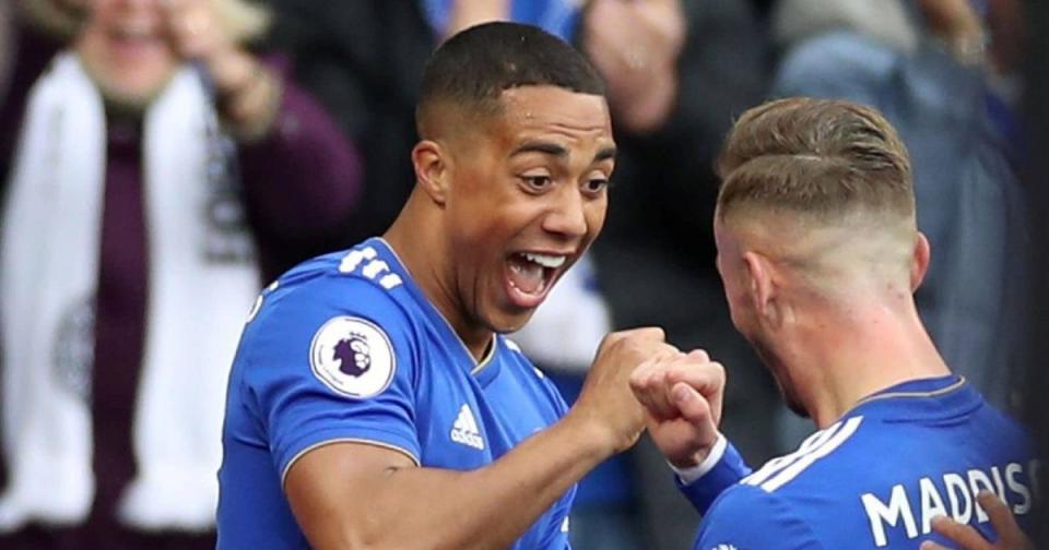 Youri Tielemans, Leicester midfielder, celebrates a goal against Arsenal with James Maddison in Premier League game Credit: Alamy