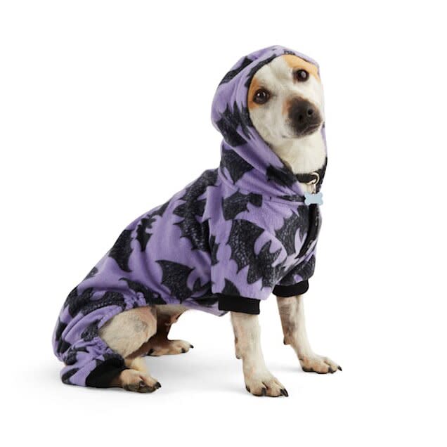 Dog wearing Bootique Bratty Batty Pet Pajamas on a white background