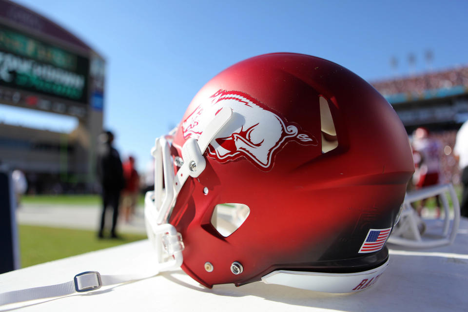 Nov 17, 2012; Starkville, MS, USA; Arkansas Razorbacks helmet during the game between the <a class="link " href="https://sports.yahoo.com/ncaaf/teams/mississippi-st/" data-i13n="sec:content-canvas;subsec:anchor_text;elm:context_link" data-ylk="slk:Mississippi State Bulldogs;sec:content-canvas;subsec:anchor_text;elm:context_link;itc:0">Mississippi State Bulldogs</a> and the Arkansas Razorbacks at Davis Wade Stadium. Mississippi State Bulldogs defeated the Arkansas Razorbacks 45-14. Mandatory Credit: Spruce Derden–USA TODAY Sports