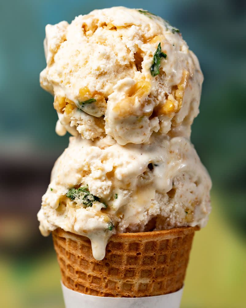 Salt & Straw's Skillet Cornbread w/ Candied Nettles & Pine Nuts flavored ice cream.