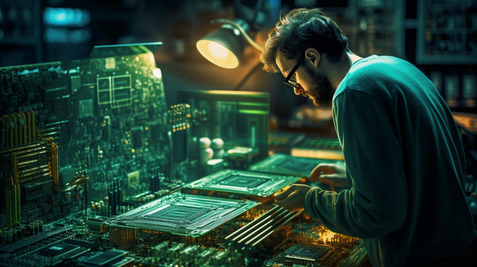 A technician inspecting a closely populated circuit board of electronic components.