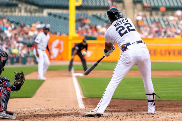 Tigers right fielder Victor Reyes hits a RBI single during the second inning on Tuesday, July 5, 2022, at Comerica Park.