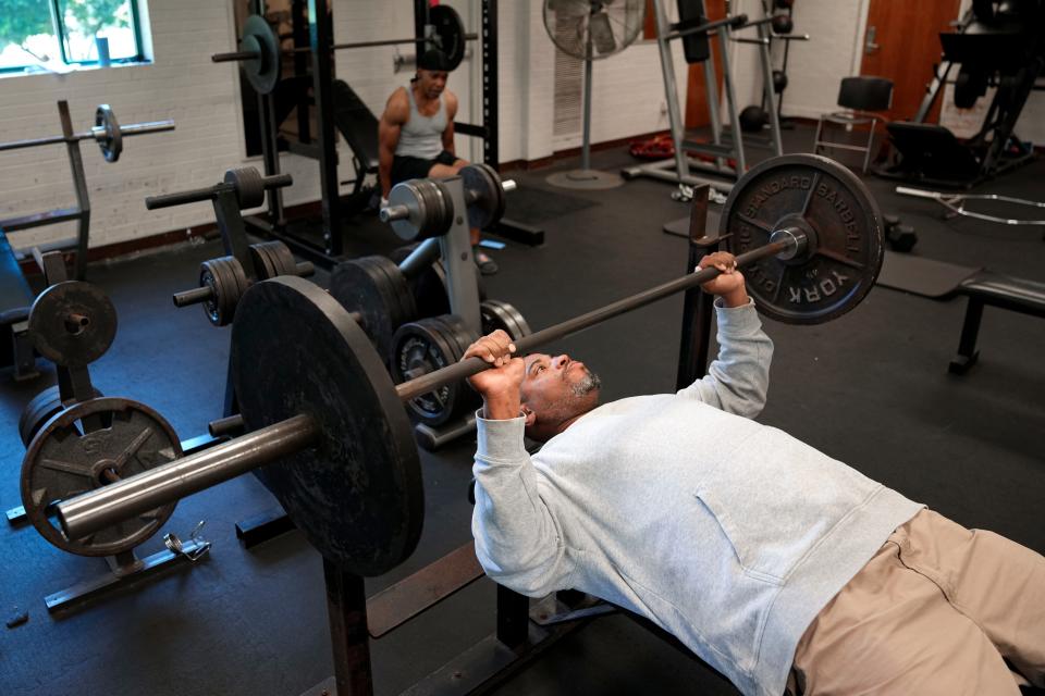 Brandon Talley, a teacher at Siebert Elementary on Columbus' South Side who had to leave his job as he undergoes dialysis three times a week while he awaits a kidney and pancreas transplant, works out Wednesday at the Schiller Park Rec Center.