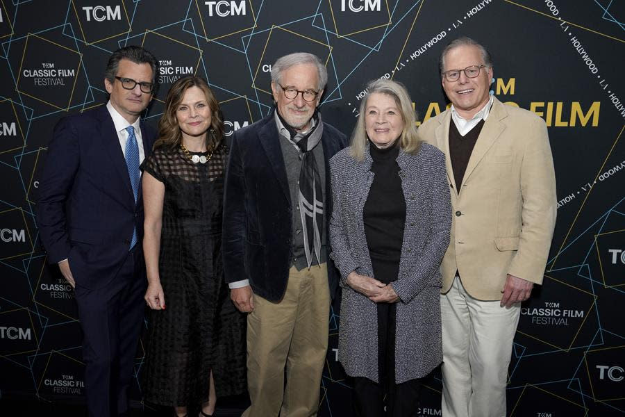 (Left to Right) TCM host Ben Mankiewicz, General Manager of Turner Classic Movies Pola Changnon, Steven Spielberg; Angie Dickinson, and President and Chief Executive Officer of Warner Bros. Discovery David Zaslav attend the opening night gala and world premiere of the 4K restoration of “Rio Bravo” during the 2023 TCM Classic Film Festival at TCL Chinese Theatre in Hollywood. (Presley Ann/Getty Images for TCM)