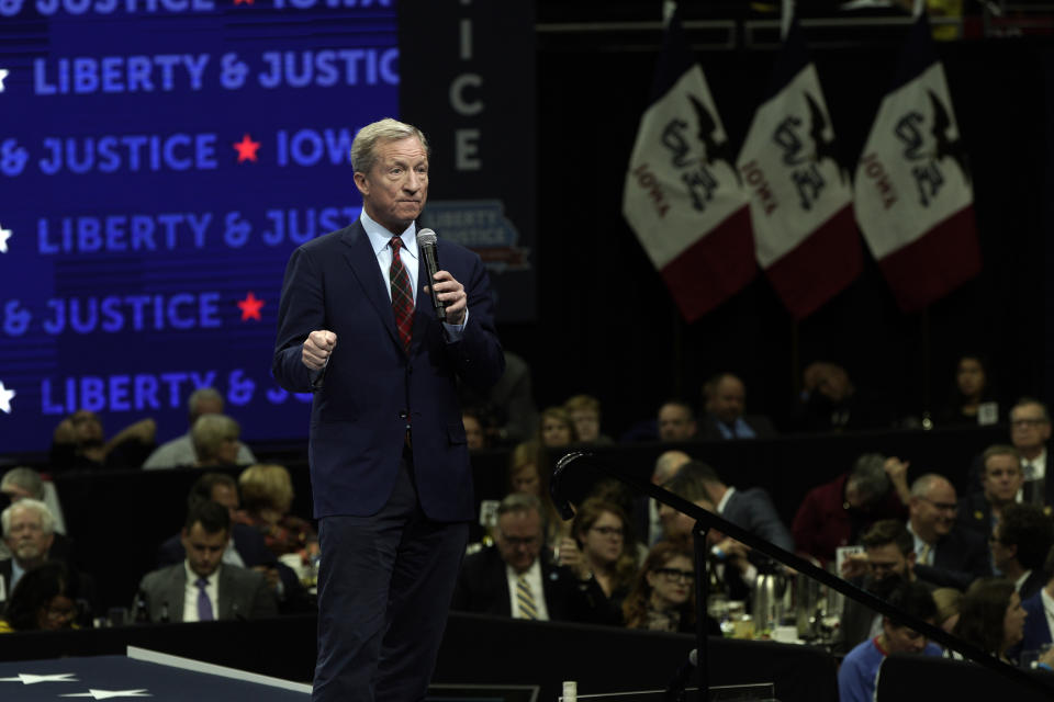 Democratic presidential candidate businessman Tom Steyer speaks during the Iowa Democratic Party's Liberty and Justice Celebration, Friday, Nov. 1, 2019, in Des Moines, Iowa. (AP Photo/Nati Harnik)