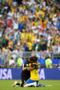 <p>Alisson of Brazil and Thiago Silva of Brazil celebrate after teammate Roberto Firmino scores their sides second goal during the 2018 FIFA World Cup Russia Round of 16 match between Brazil and Mexico at Samara Arena on July 2, 2018 in Samara, Russia. (Photo by Matthias Hangst/Getty Images) </p>