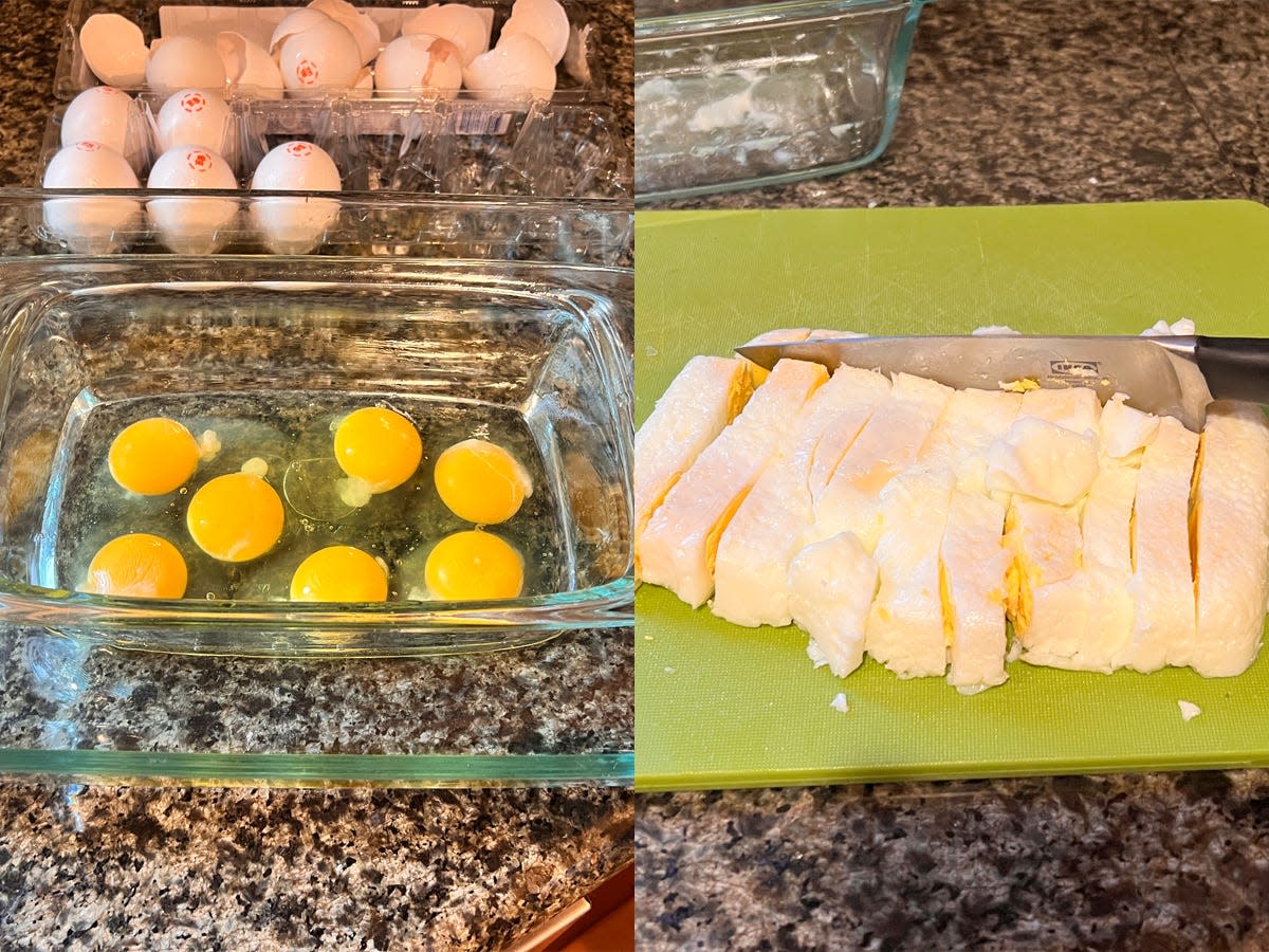 eggs in a baking dish and chopped up hard boiled eggs on a cutting board