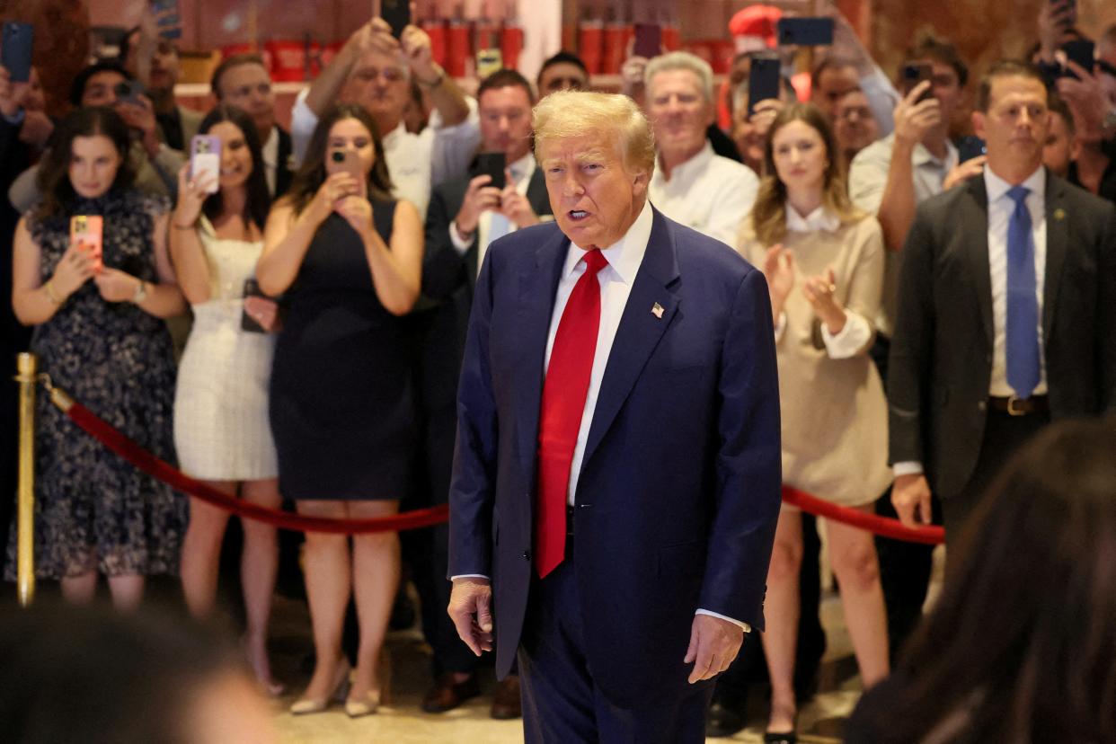 FILE PHOTO: Republican presidential candidate and former U.S. President Donald Trump attends a press conference, the day after a guilty verdict in his criminal trial over charges that he falsified business records to conceal money paid to silence porn star Stormy Daniels in 2016, at Trump Tower in New York City, U.S., May 31, 2024. REUTERS/Brendan McDermid/File Photo