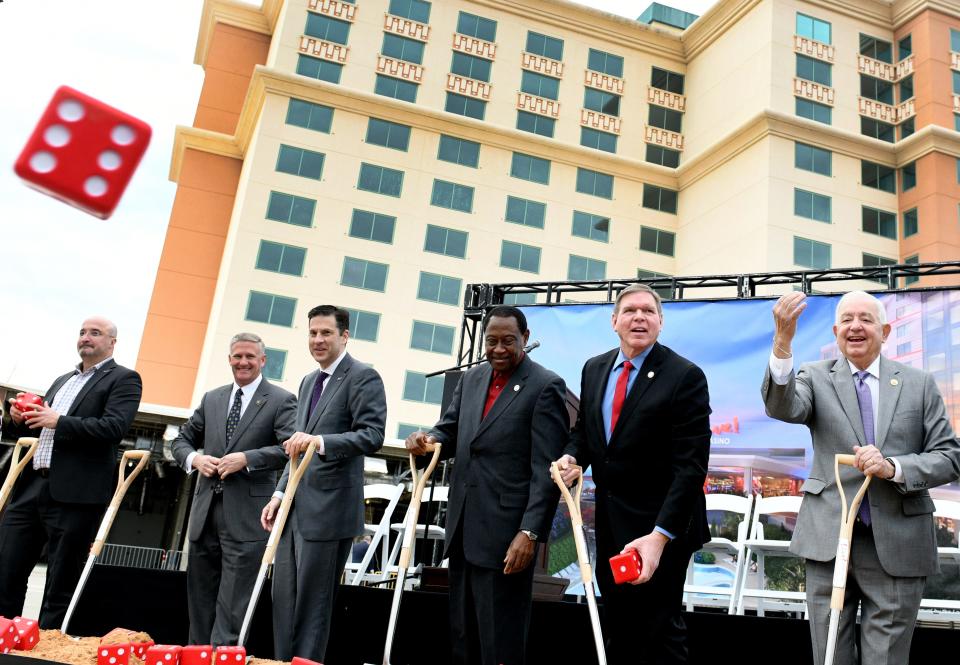 (Left to right) President of Cordish Gaming Group Rob Norton, Senator Barrow Peacock, Principal with The Cordish Companies Jon Cordish, Senator-elect Sam Jenkins, Bossier City Mayor Thomas Chandler and Louisiana Gaming Commission Chairman Ronnie Johns during the Live! Casino & Hotel Louisiana's groundbreaking ceremony at the former Diamond Jack's Casino location on Wednesday December 13, 2023, in Bossier City.