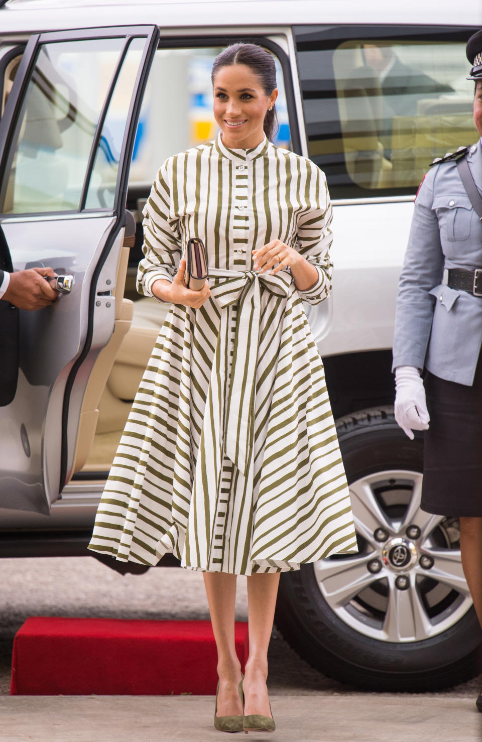 The Duchess of Sussex visits an exhibition of Tongan handicrafts, mats and tapa cloths at the Fa'onelua Convention Centre on Oct. 26 in Nuku'alofa, Tonga.